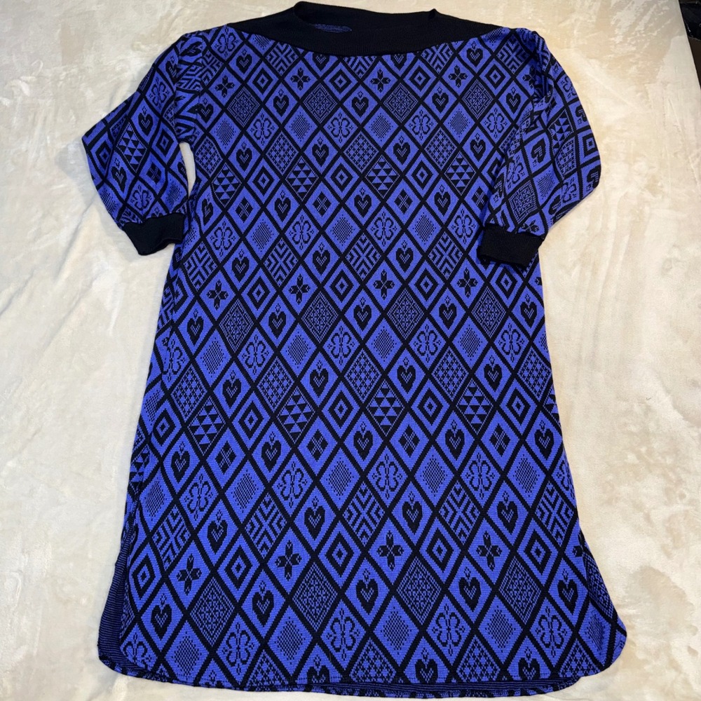 Vintage Anne Leslie Blue Black Geometric Diamond Heart Knit Sweater Dress Large